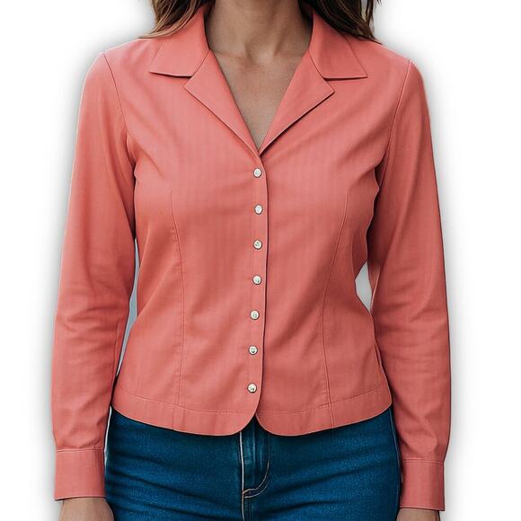 Talbots Blouse Herringbone Button Front Coral Pink Preppy Classic Size 10 - Picture 9 of 10